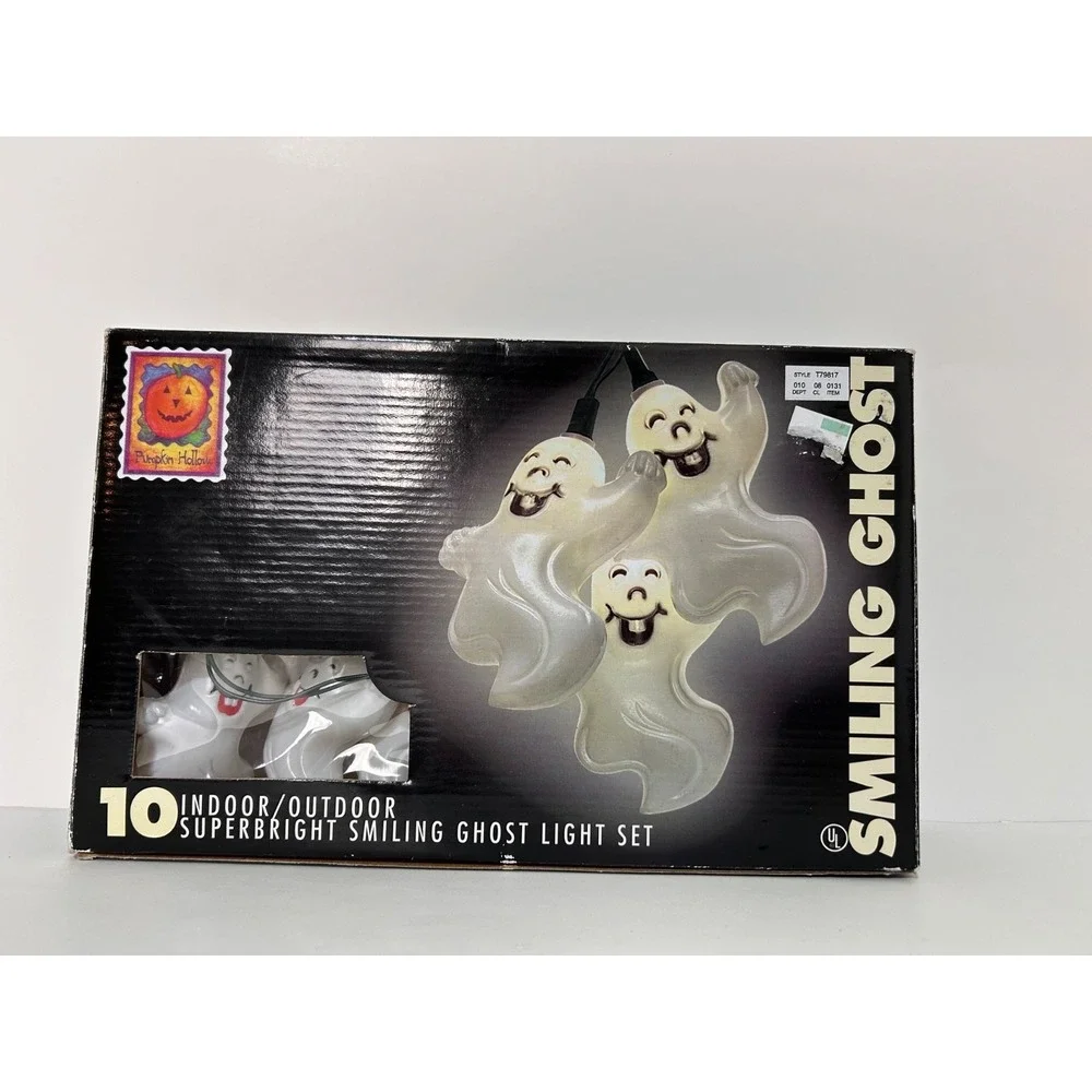 New Vintage Halloween 10 Ghost Hard Plastic Blow Mold String Lights Smiling